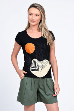 Tricou damă negru cu imprimeu tropical Luna Natalee Fashion