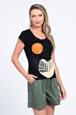 Tricou damă negru cu imprimeu tropical Luna Natalee Fashion
