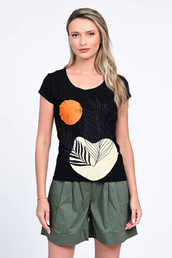 Tricou damă negru cu imprimeu tropical Luna Natalee Fashion