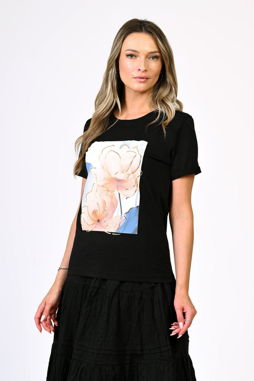 Tricou negru din bumbac cu imprimeu floral – model Iris Natalee
