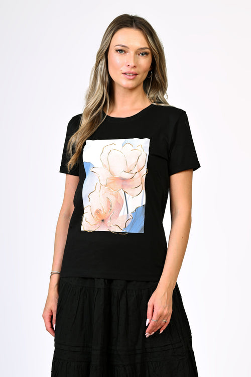 Tricou negru din bumbac cu imprimeu floral – model Iris Natalee